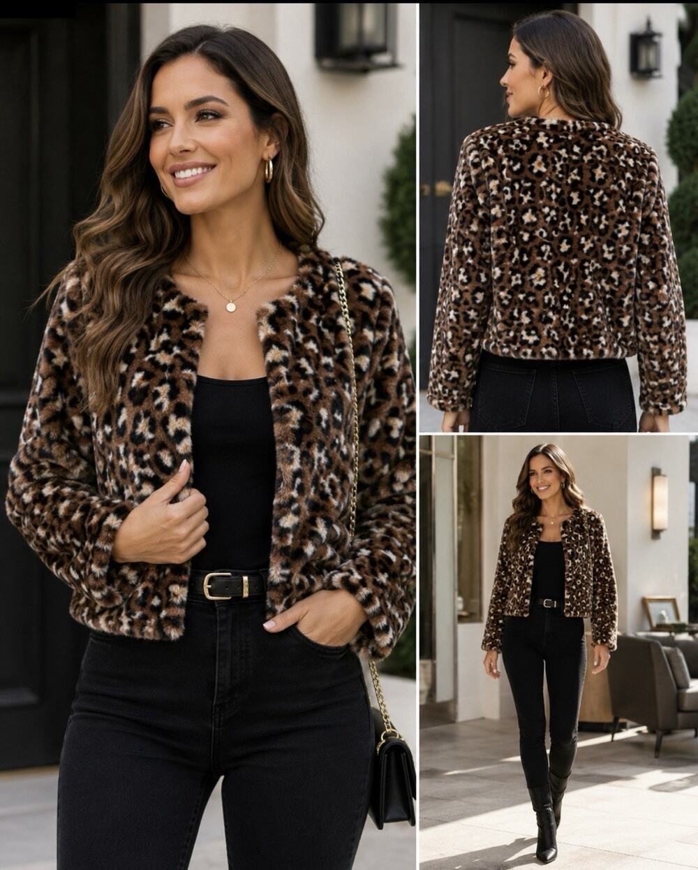 I.N. San Francisco Leopard Faux Fur Jacket Womens L Open Front Crop NWT Soft